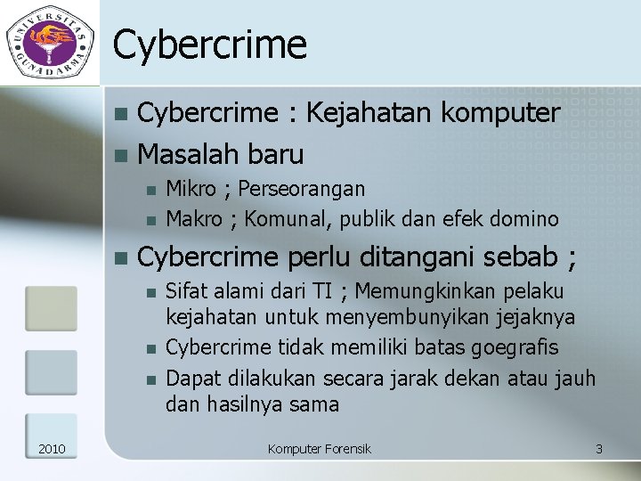 Cybercrime : Kejahatan komputer n Masalah baru n n Cybercrime perlu ditangani sebab ;