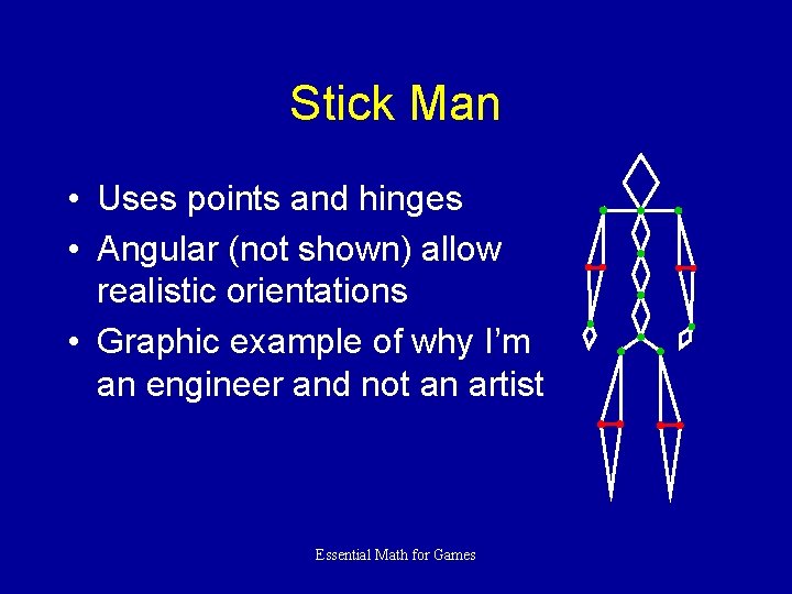 Stick Man • Uses points and hinges • Angular (not shown) allow realistic orientations