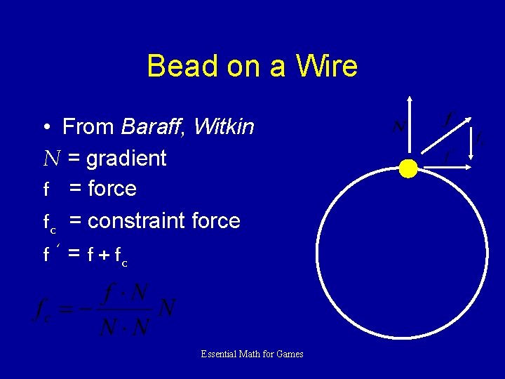 Bead on a Wire • From Baraff, Witkin N = gradient f = force