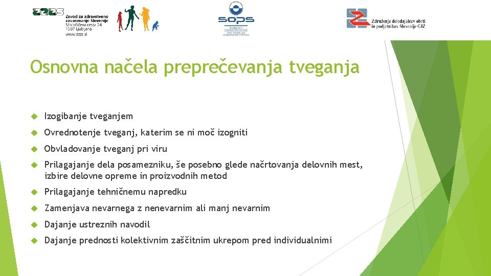 Osnovna načela preprečevanja tveganja Izogibanje tveganjem Ovrednotenje tveganj, katerim se ni moč izogniti Obvladovanje