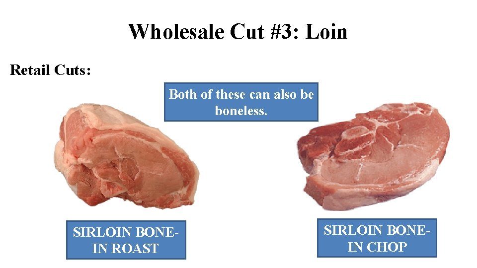 Wholesale Cut #3: Loin Retail Cuts: Both of these can also be boneless. SIRLOIN Wholesale Cut #3: Loin Retail Cuts: Both of these can also be boneless. SIRLOIN