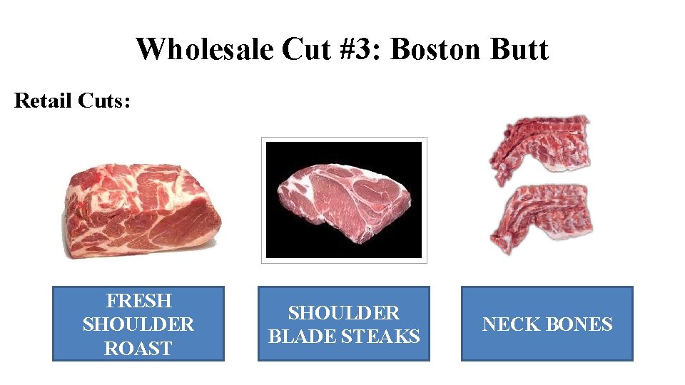 Wholesale Cut #3: Boston Butt Retail Cuts: FRESH SHOULDER ROAST SHOULDER BLADE STEAKS NECK Wholesale Cut #3: Boston Butt Retail Cuts: FRESH SHOULDER ROAST SHOULDER BLADE STEAKS NECK