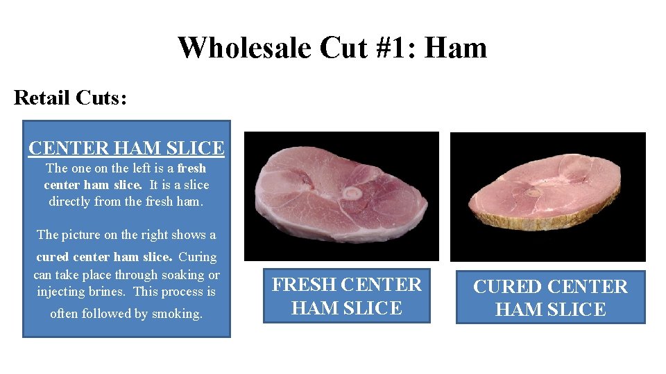 Wholesale Cut #1: Ham Retail Cuts: CENTER HAM SLICE The on the left is Wholesale Cut #1: Ham Retail Cuts: CENTER HAM SLICE The on the left is