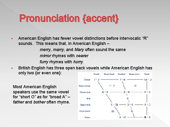 Pronunciation {accent} § § American English has fewer vowel distinctions before intervocalic “R” sounds.