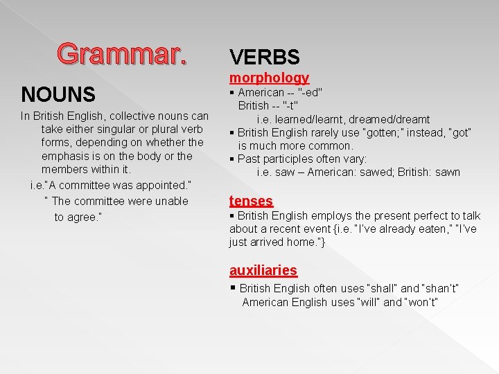 Grammar. NOUNS In British English, collective nouns can take either singular or plural verb