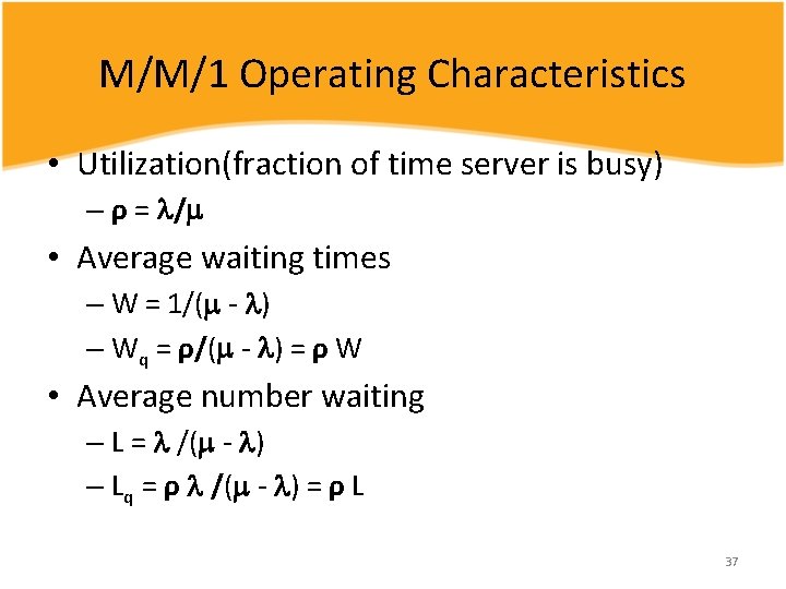 M/M/1 Operating Characteristics • Utilization(fraction of time server is busy) – ρ = /