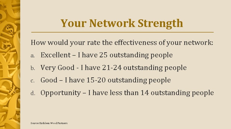 Your Network Strength How would your rate the effectiveness of your network: a. Excellent