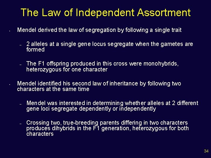 The Law of Independent Assortment • Mendel derived the law of segregation by following