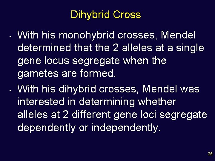 Dihybrid Cross • • With his monohybrid crosses, Mendel determined that the 2 alleles