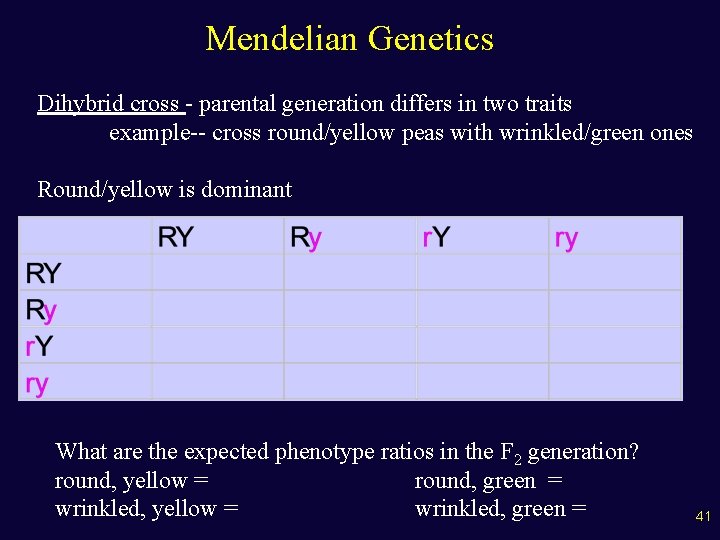 Mendelian Genetics Dihybrid cross - parental generation differs in two traits example-- cross round/yellow