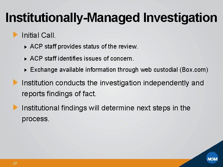 Institutionally-Managed Investigation Initial Call. ACP staff provides status of the review. ACP staff identifies