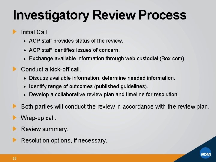 Investigatory Review Process Initial Call. ACP staff provides status of the review. ACP staff