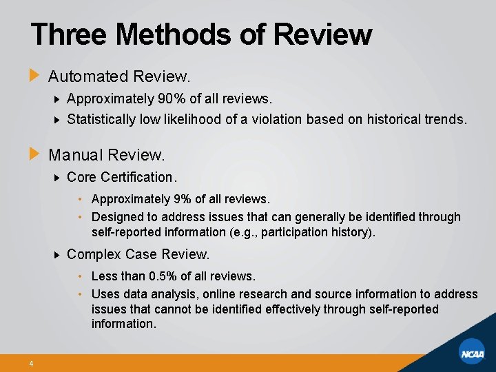 Three Methods of Review Automated Review. Approximately 90% of all reviews. Statistically low likelihood