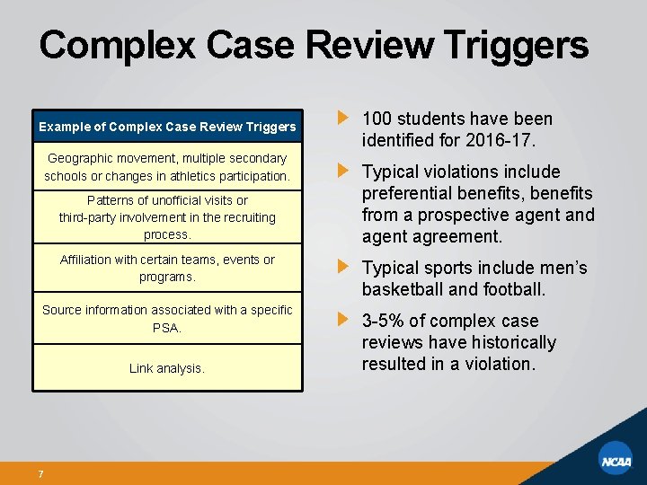 Complex Case Review Triggers Example of Complex Case Review Triggers Geographic movement, multiple secondary