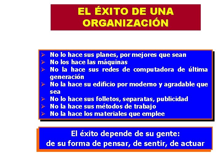 EL ÉXITO DE UNA ORGANIZACIÓN Ø No lo hace sus planes, por mejores que