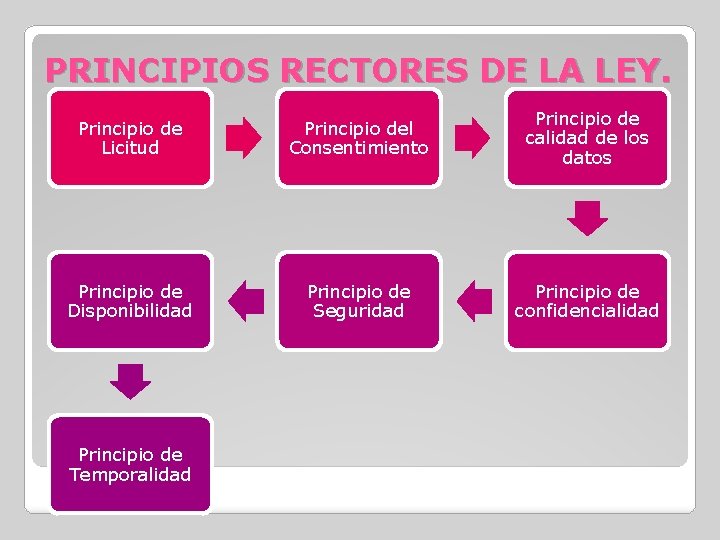 PRINCIPIOS RECTORES DE LA LEY. Principio de Licitud Principio del Consentimiento Principio de calidad