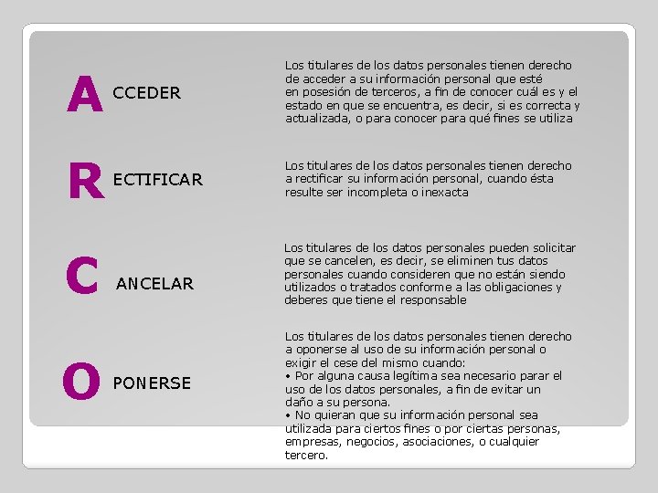 A R C O CCEDER Los titulares de los datos personales tienen derecho de