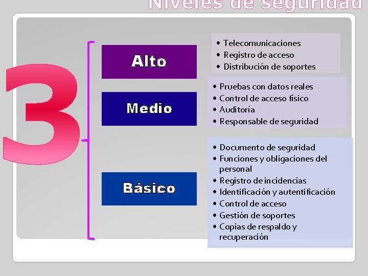 Niveles de seguridad Alto Medio Básico • Telecomunicaciones • Registro de acceso • Distribución