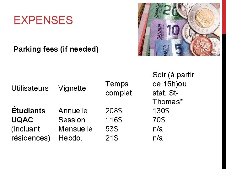 EXPENSES Parking fees (if needed) Utilisateurs Vignette Temps complet Étudiants UQAC (incluant résidences) Annuelle