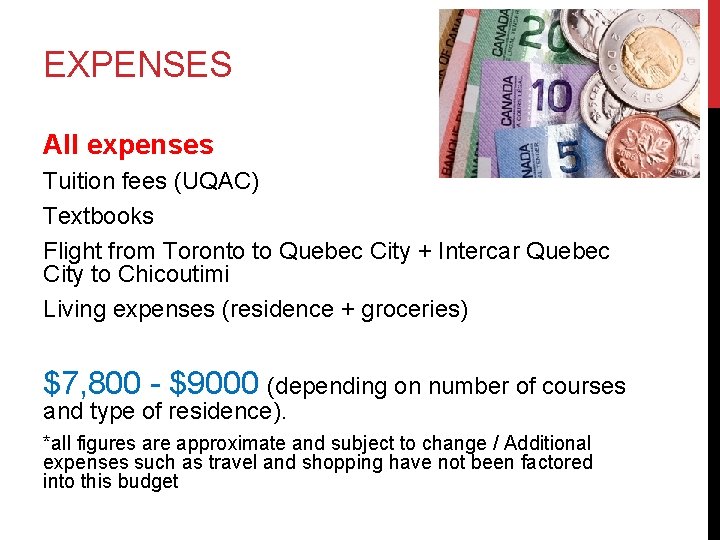 EXPENSES All expenses Tuition fees (UQAC) Textbooks Flight from Toronto to Quebec City +