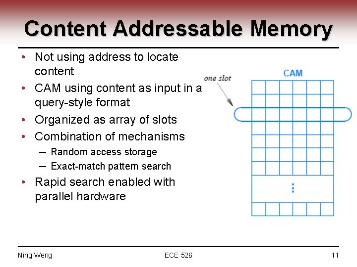 Content Addressable Memory • Not using address to locate content • CAM using content