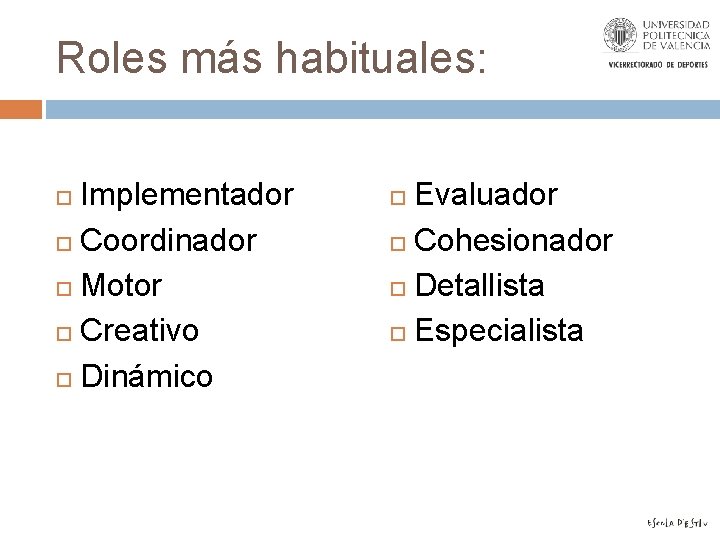 Roles más habituales: Implementador Coordinador Motor Creativo Dinámico Evaluador Cohesionador Detallista Especialista 