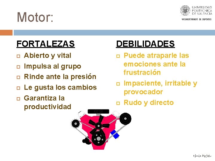 Motor: FORTALEZAS Abierto y vital Impulsa al grupo Rinde ante la presión Le gusta