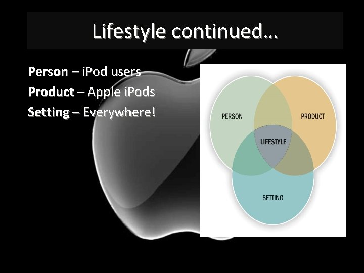 Lifestyle continued… Person – i. Pod users Product – Apple i. Pods Setting –