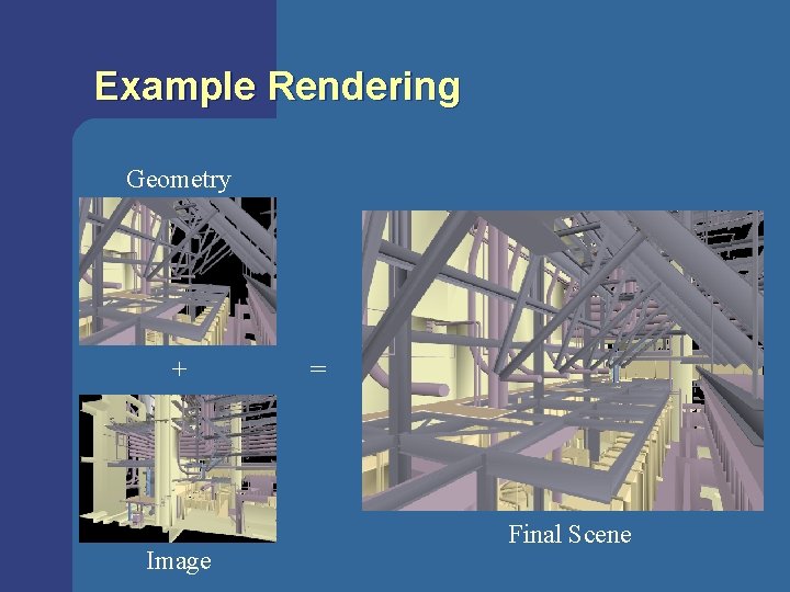 Example Rendering Geometry + Image = Final Scene Example Rendering Geometry + Image = Final Scene