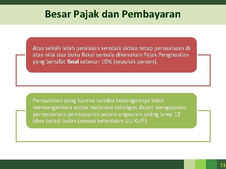 Besar Pajak dan Pembayaran Atas selisih lebih penilaian kembali aktiva tetap perusahaan di atas Besar Pajak dan Pembayaran Atas selisih lebih penilaian kembali aktiva tetap perusahaan di atas