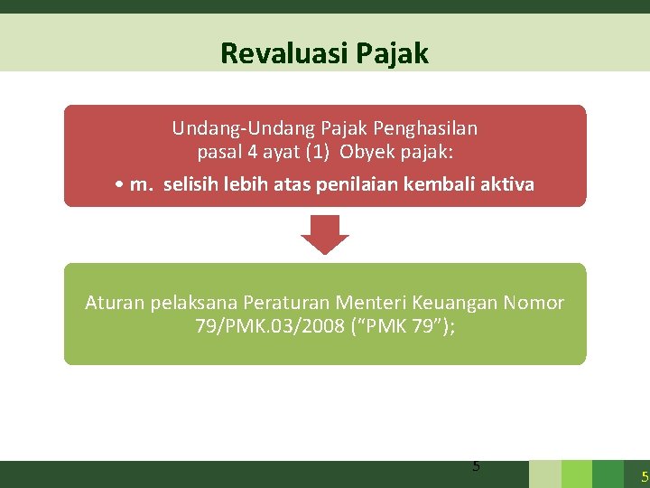 Revaluasi Pajak Undang-Undang Pajak Penghasilan pasal 4 ayat (1) Obyek pajak: • m. selisih Revaluasi Pajak Undang-Undang Pajak Penghasilan pasal 4 ayat (1) Obyek pajak: • m. selisih