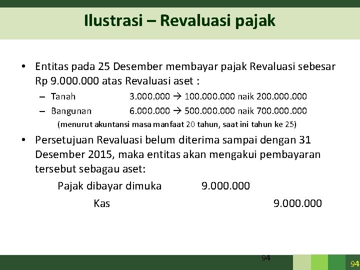 Ilustrasi – Revaluasi pajak • Entitas pada 25 Desember membayar pajak Revaluasi sebesar Rp Ilustrasi – Revaluasi pajak • Entitas pada 25 Desember membayar pajak Revaluasi sebesar Rp
