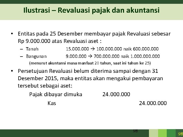 Ilustrasi – Revaluasi pajak dan akuntansi • Entitas pada 25 Desember membayar pajak Revaluasi Ilustrasi – Revaluasi pajak dan akuntansi • Entitas pada 25 Desember membayar pajak Revaluasi