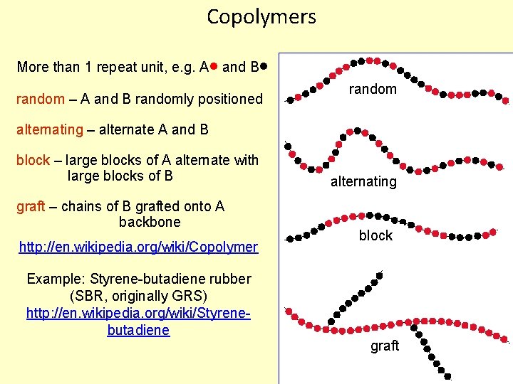 Copolymers More than 1 repeat unit, e. g. A and B random – A