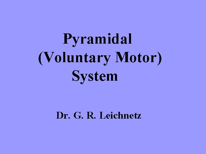 Pyramidal (Voluntary Motor) System Dr. G. R. Leichnetz 