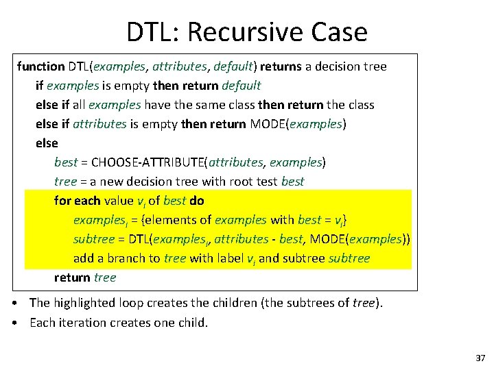 DTL: Recursive Case function DTL(examples, attributes, default) returns a decision tree if examples is