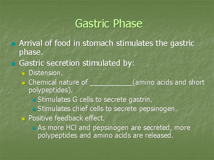 Gastric Phase n n Arrival of food in stomach stimulates the gastric phase. Gastric