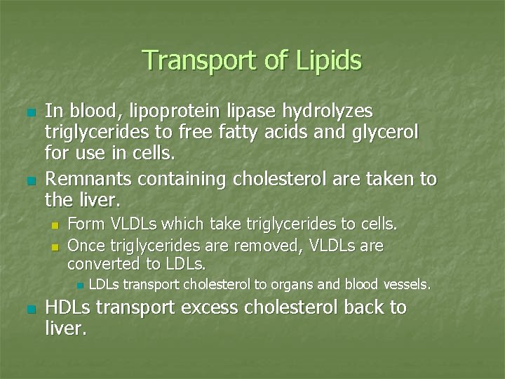 Transport of Lipids n n In blood, lipoprotein lipase hydrolyzes triglycerides to free fatty