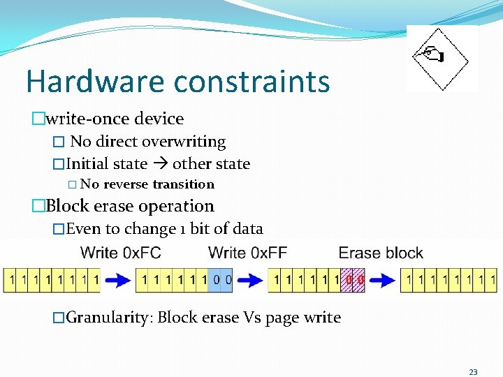 Hardware constraints �write-once device � No direct overwriting �Initial state other state � No