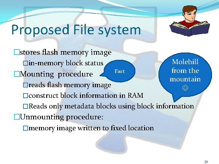 Proposed File system �stores flash memory image Molehill �in-memory block status from the Fast