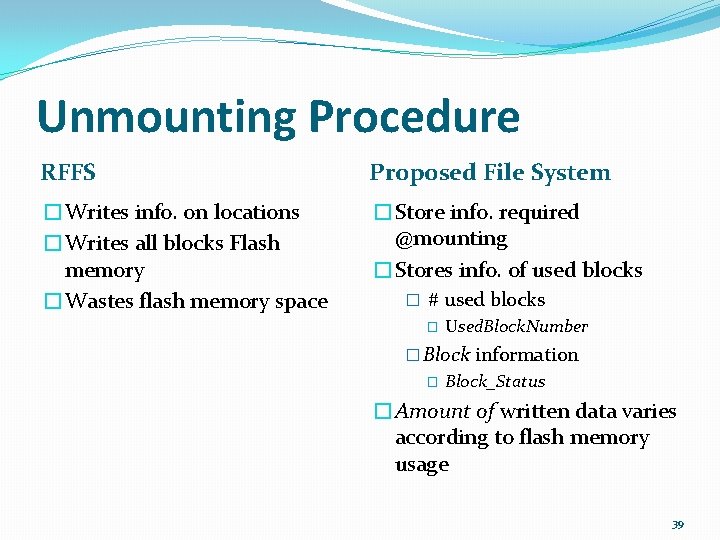 Unmounting Procedure RFFS Proposed File System �Writes info. on locations �Writes all blocks Flash