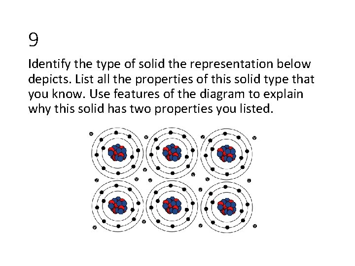 9 Identify the type of solid the representation below depicts. List all the properties