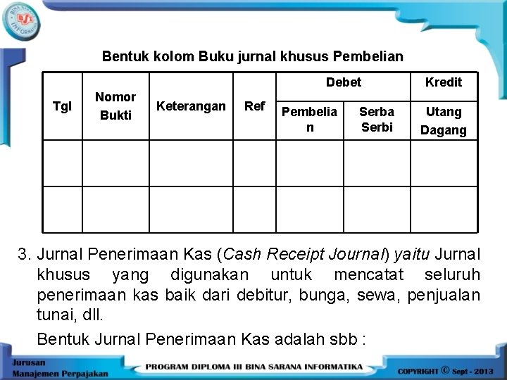 Bentuk kolom Buku jurnal khusus Pembelian Debet Tgl Nomor Bukti Keterangan Ref Pembelia n