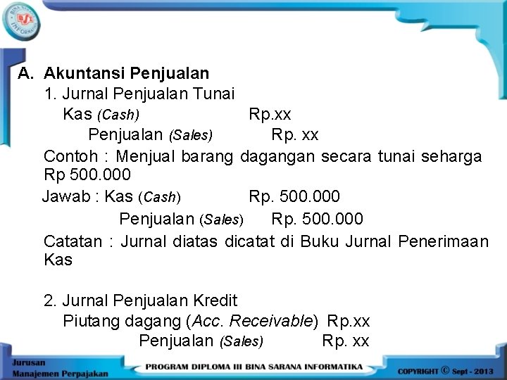 A. Akuntansi Penjualan 1. Jurnal Penjualan Tunai Kas (Cash) Rp. xx Penjualan (Sales) Rp.