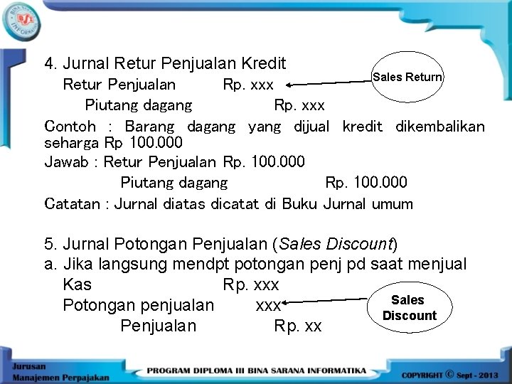 4. Jurnal Retur Penjualan Kredit Sales Return Retur Penjualan Rp. xxx Piutang dagang Rp.