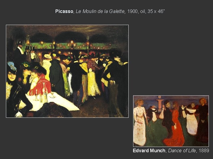 Picasso, Le Moulin de la Galette, 1900, oil, 35 x 46” Edvard Munch, Dance