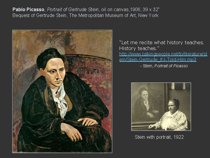 Pablo Picasso, Portrait of Gertrude Stein, oil on canvas, 1906, 39 x 32” Bequest