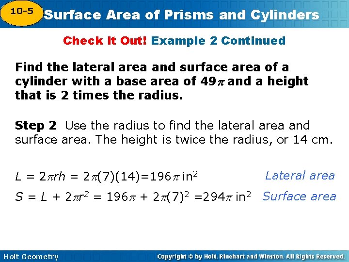 10 -5 Surface Area of Prisms and Cylinders 10 -4 Check It Out! Example