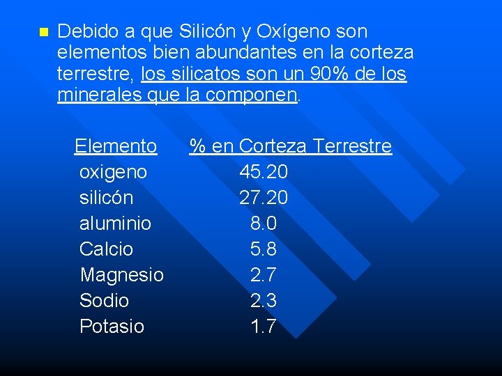 n Debido a que Silicón y Oxígeno son elementos bien abundantes en la corteza n Debido a que Silicón y Oxígeno son elementos bien abundantes en la corteza