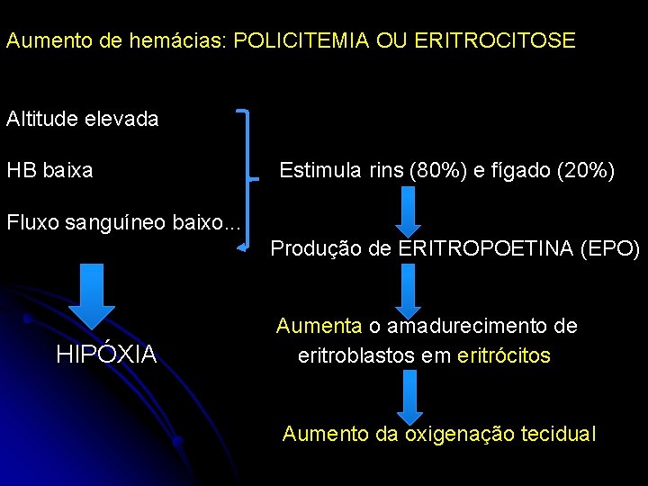 Aumento de hemácias: POLICITEMIA OU ERITROCITOSE Altitude elevada HB baixa Estimula rins (80%) e